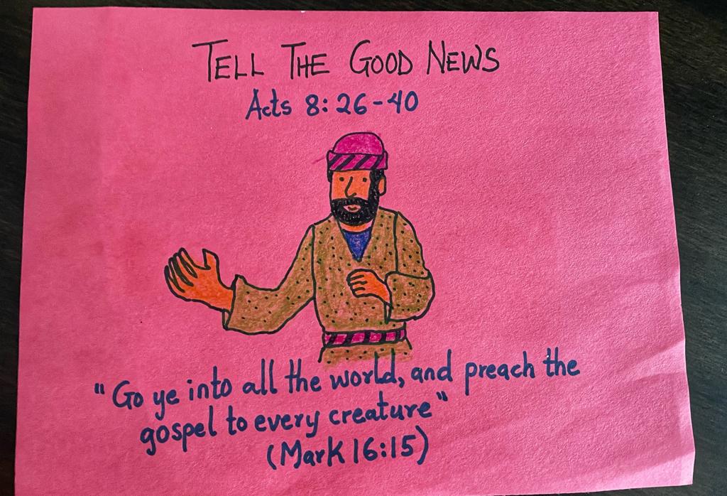 Image shows a pink sheet of paper with a lesson title written on it, some bible verses and a painted illustration of a man preaching.