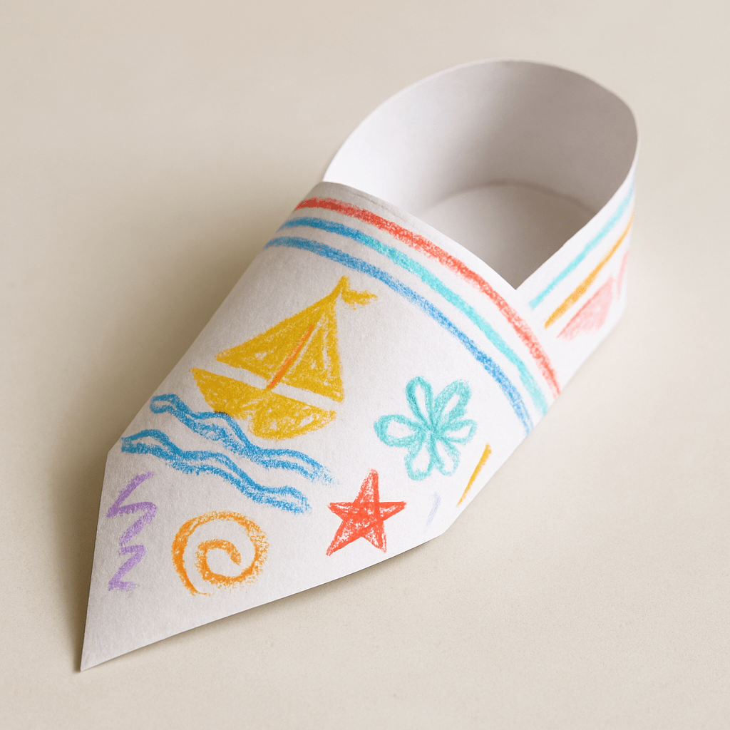 A handmade paper shoe crafted from white paper, decorated with colorful crayon drawings including a yellow sailboat, wavy blue lines, a red star, a green flower, and swirls. The shoe sits on a neutral background, showcasing its playful and creative design.