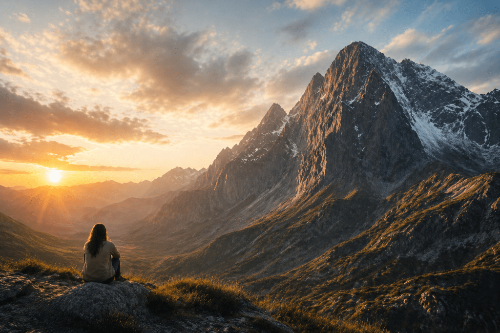 A person sitting on a rocky hill overlooking a large mountain at sunrise, with warm light spreading across the landscape.